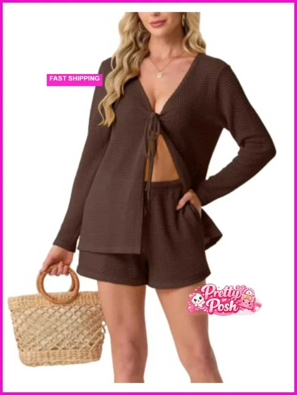 2 Piece Waffle Knit Lounge Set with Pockets and Drawstrings